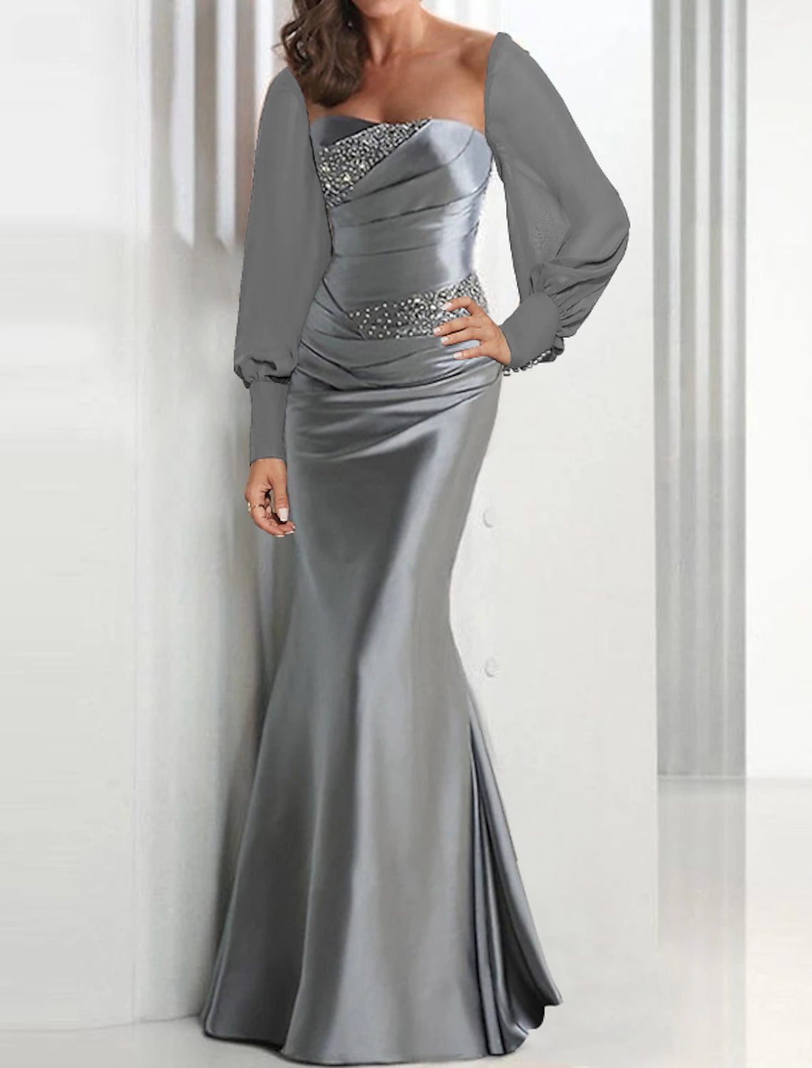 Mermaid / Trumpet Evening Gown Sparkle & Shine Dress Formal Wedding Guest Floor Length Long Sleeve Square Neck Charmeuse with Ruched Sequin